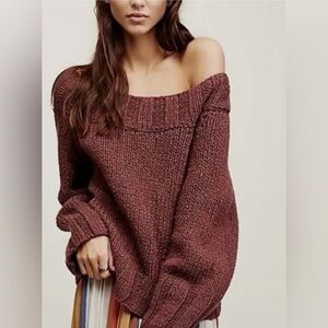 Free People Beachy Off The Shoulder Wide Neck Sweater Sz XS Mauve Chunky
